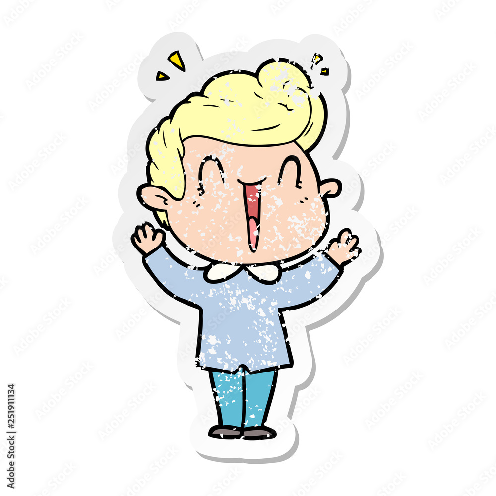 distressed sticker of a cartoon excited man distressed sticker of a cartoon excited man