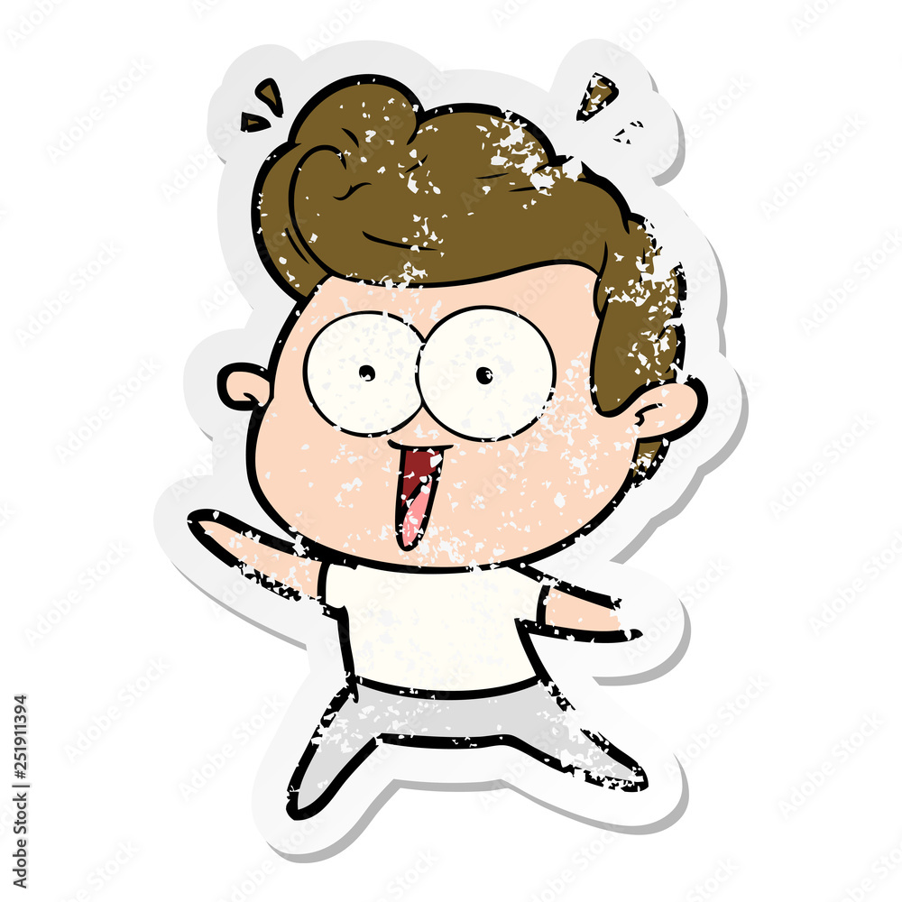 distressed sticker of a cartoon excited man distressed sticker of a cartoon excited man