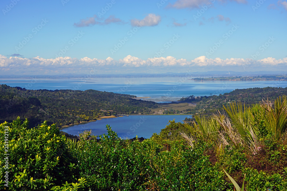 Landscape view of the bay of Auckland from Titirangi, a suburb in the Waitakere Ward of the city of Auckland, northern New Zealand