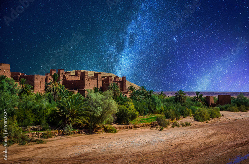 Kasbah Ait Ben Haddou in the desert at night, Morocco photo