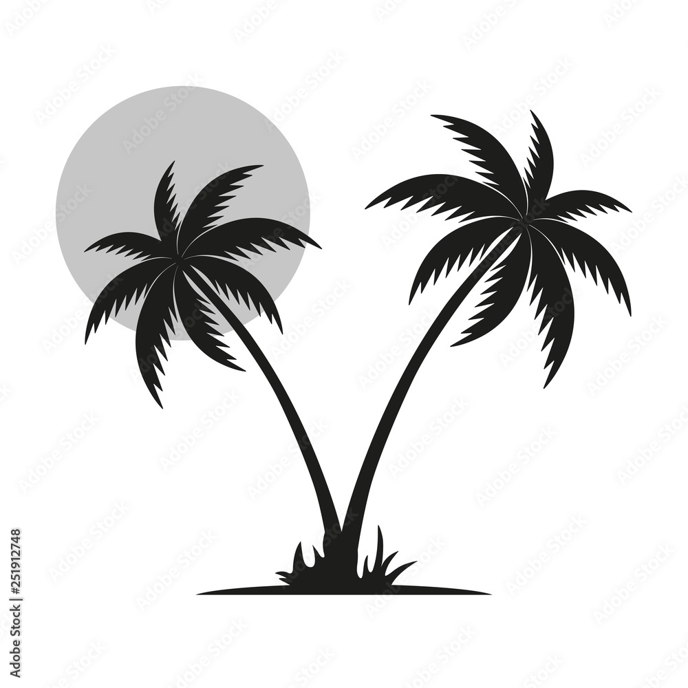 Fototapeta premium silhouette of a black palm tree with a moon on a white background