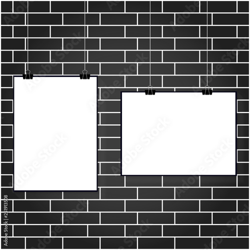 Vector illustration of a white poster hanging on a clerical clip on a white brick wall background