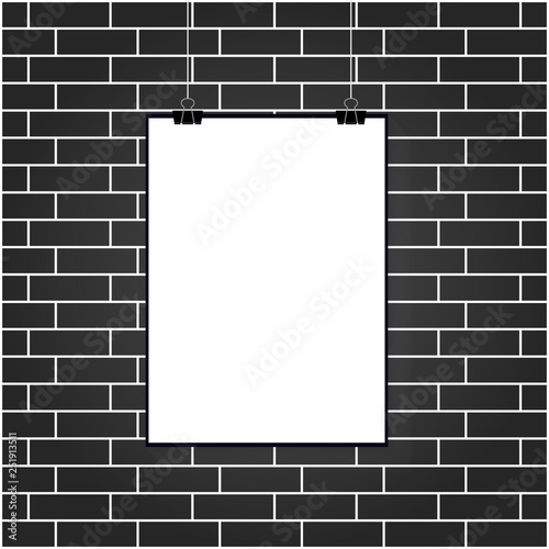 Vector illustration of a white poster hanging on a clerical clip on a white brick wall background