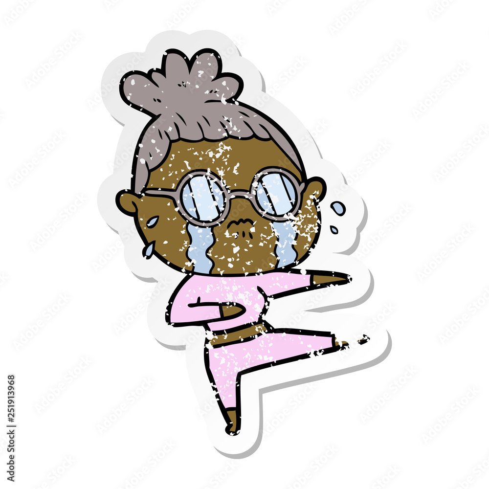 distressed sticker of a cartoon crying woman wearing spectacles