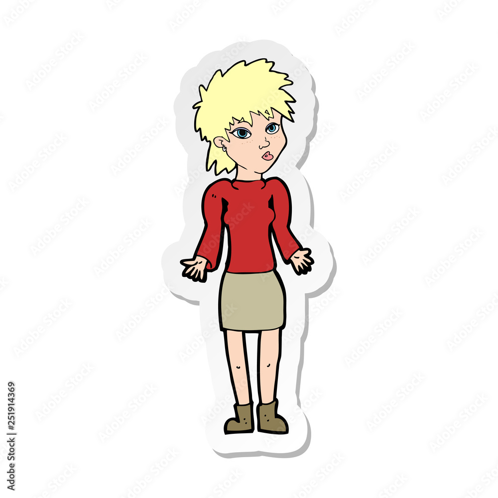 sticker of a cartoon woman shrugging shoulders sticker of a cartoon woman shrugging shoulders