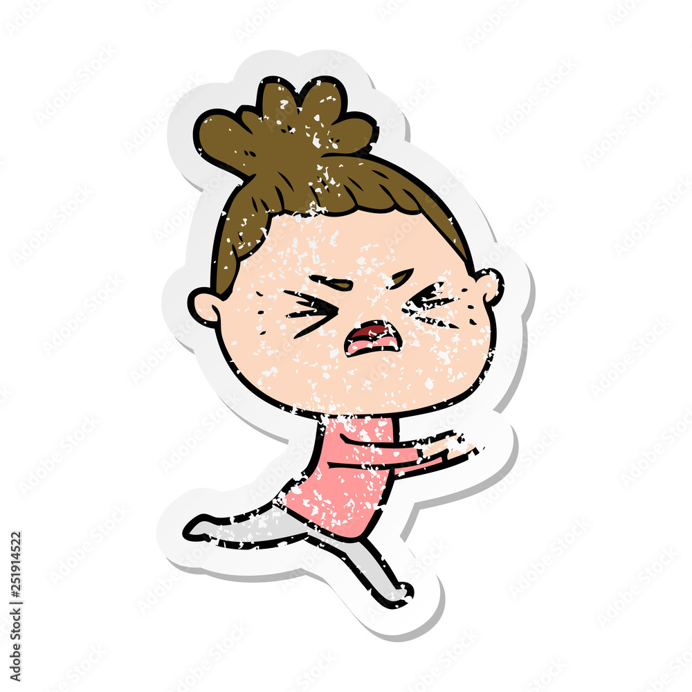 distressed sticker of a cartoon angry woman