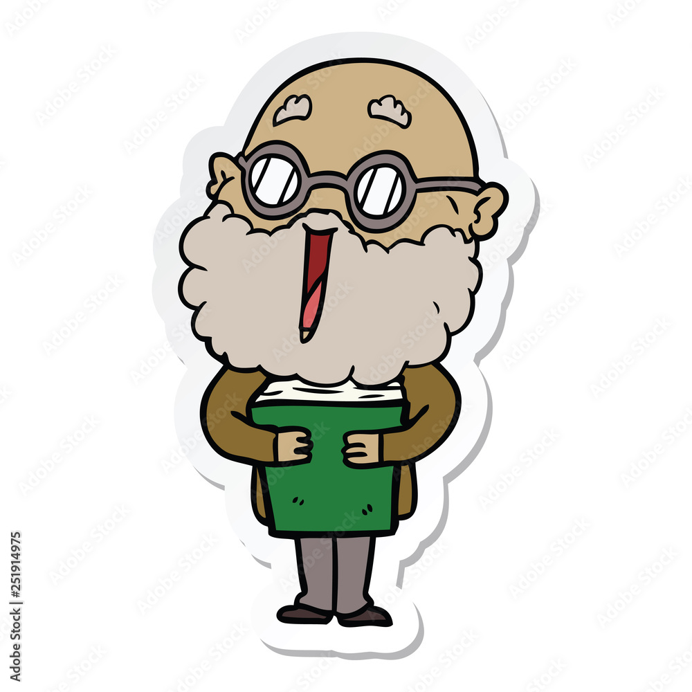 sticker of a cartoon joyful man with beard and book