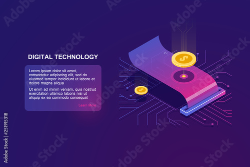 Online payment, paper receipt isometric icon vector, tax with coin, money transaction concept, technology for money accounting dark neon