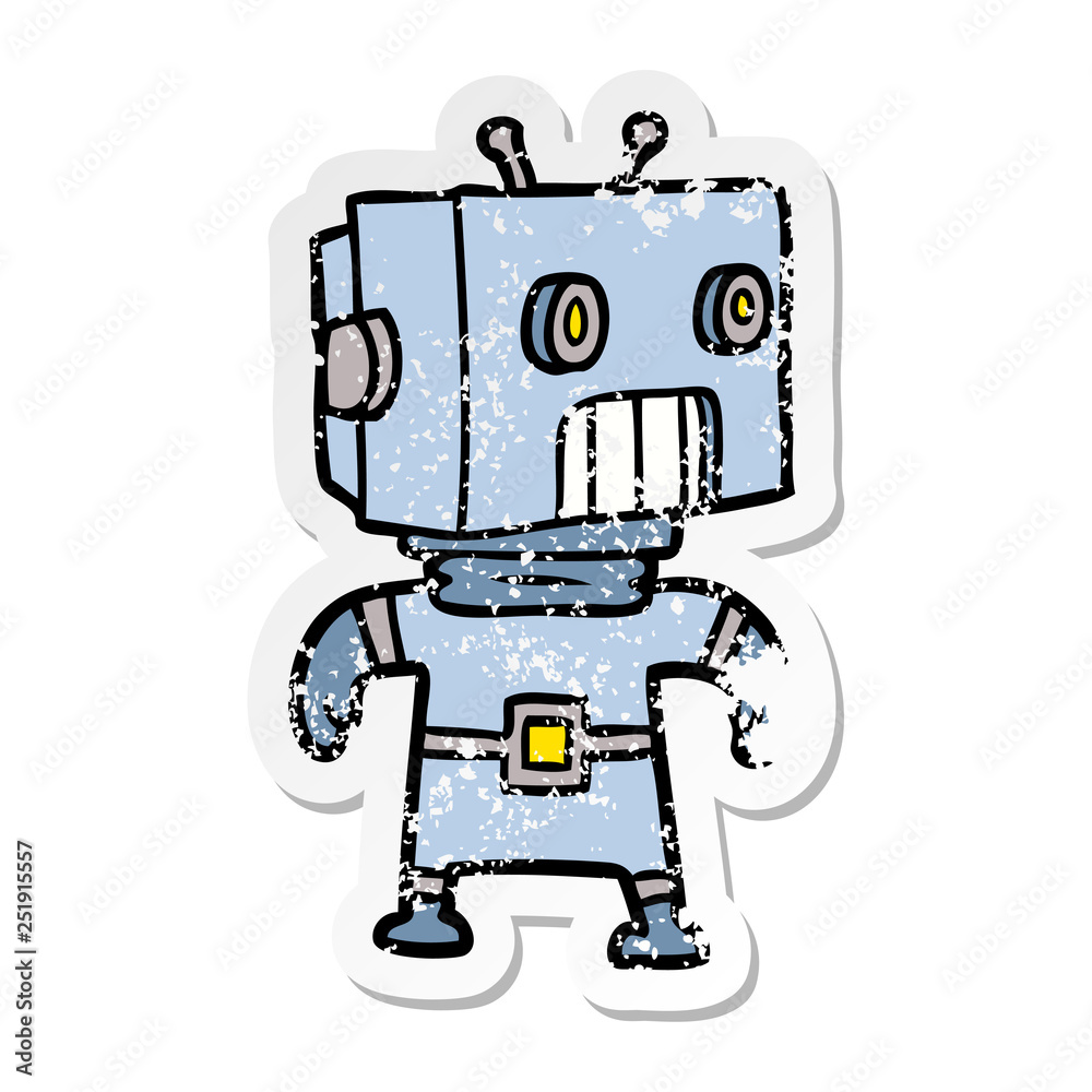 distressed sticker of a cartoon robot distressed sticker of a cartoon robot