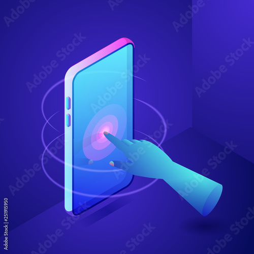 Hand touching screen on phone. Digital interactive technology concept. Vector neon gradients 3d isometric illustration.