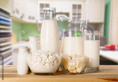 Glass of milk  and Dairy products on  background
