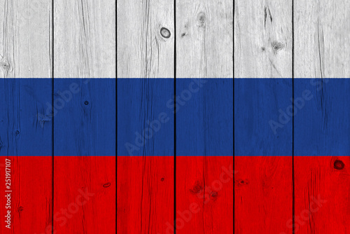 russia flag painted on old wood plank