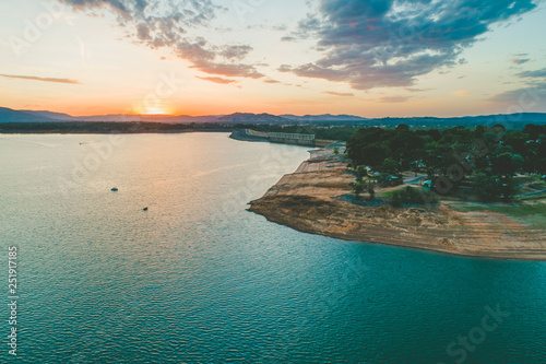 Lake Hume Dam at dusk - aerial landscape with copy space