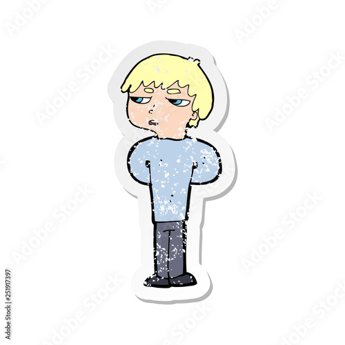 retro distressed sticker of a cartoon antisocial boy