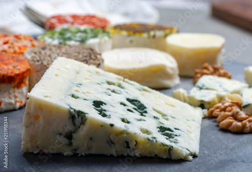 Assortment of French fresh white soft goat cheeses with different tastes topping made with herbs, paprika, indian curry, bruscetta, chives and dried tomatoes and piece of blue cheese Roquefort