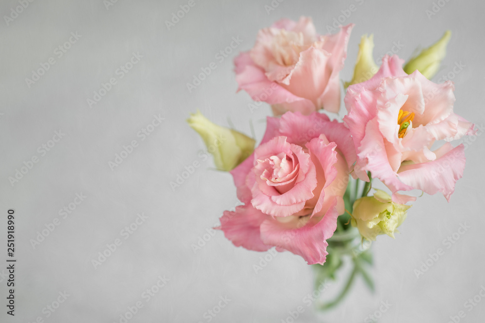 Fresh flowers of Lisianthus on grey painterly photographic texture. Beautiful bouquet of Eustoma. Fresh flowers of Lisianthus on grey painterly photographic texture. Beautiful bouquet of Eustoma.