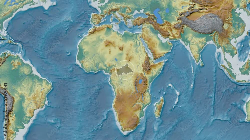 Central African Republic area presented against the global relief map in the Kavrayskiy VII projection with animated oblique transformation