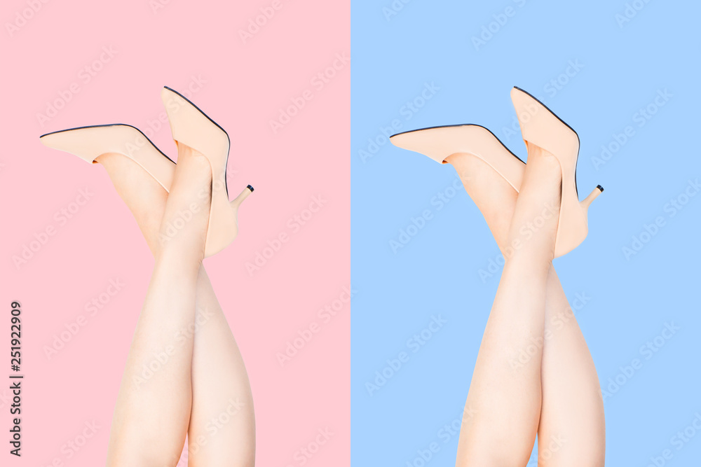 Beautiful Caucasian Woman Sexy Legs Wearing Beige Medium High-Heels Shoes.  Fashion Accessory Shoe Selfie. Female Wear Nude Sandals Raised Isolated  Over Pink and Blue Color Studio Background Top View. Stock Photo