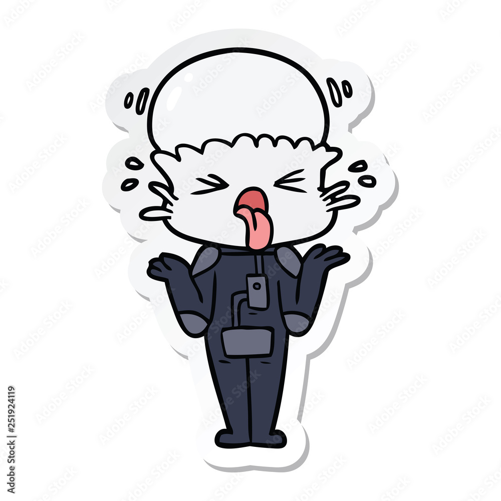 sticker of a weird cartoon alien shrugging shoulders sticker of a weird cartoon alien shrugging shoulders