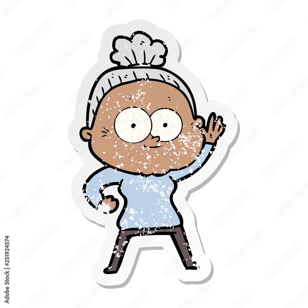 distressed sticker of a cartoon happy old woman