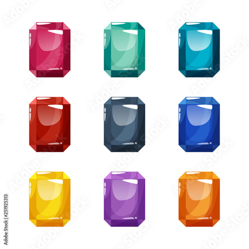 Set of nine different colored crystals  gemstones  gems  octagon diamonds. Vector gui assets collection in cartoon style for game design isolated on white background