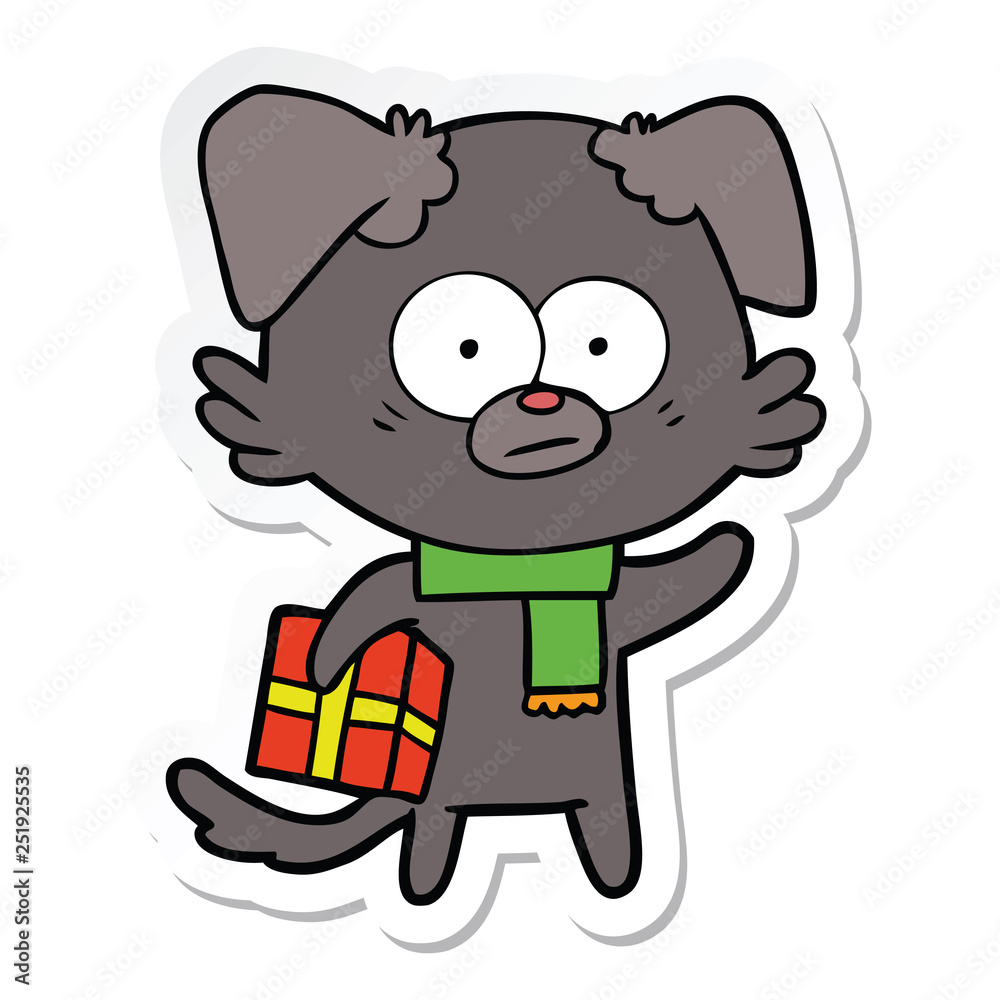 sticker of a nervous dog cartoon with gift sticker of a nervous dog cartoon with gift