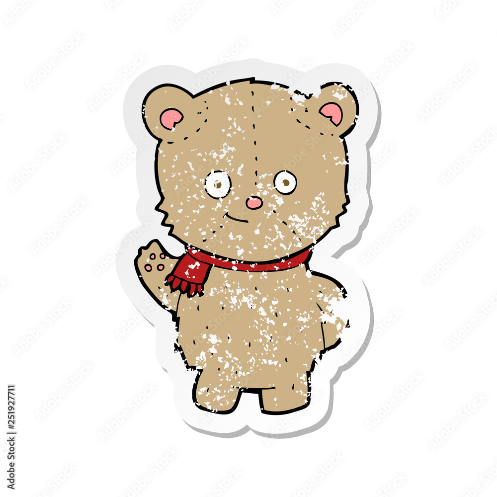 retro distressed sticker of a cartoon bear waving retro distressed sticker of a cartoon bear waving