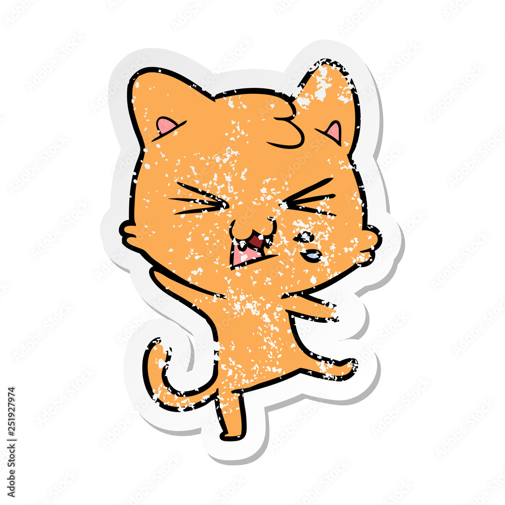 distressed sticker of a cartoon hissing cat distressed sticker of a cartoon hissing cat