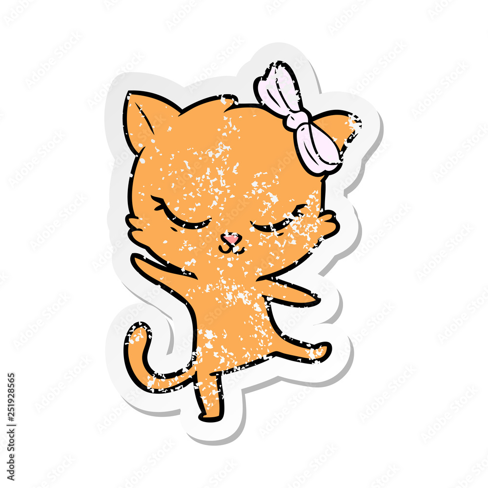 distressed sticker of a cute cartoon cat with bow distressed sticker of a cute cartoon cat with bow