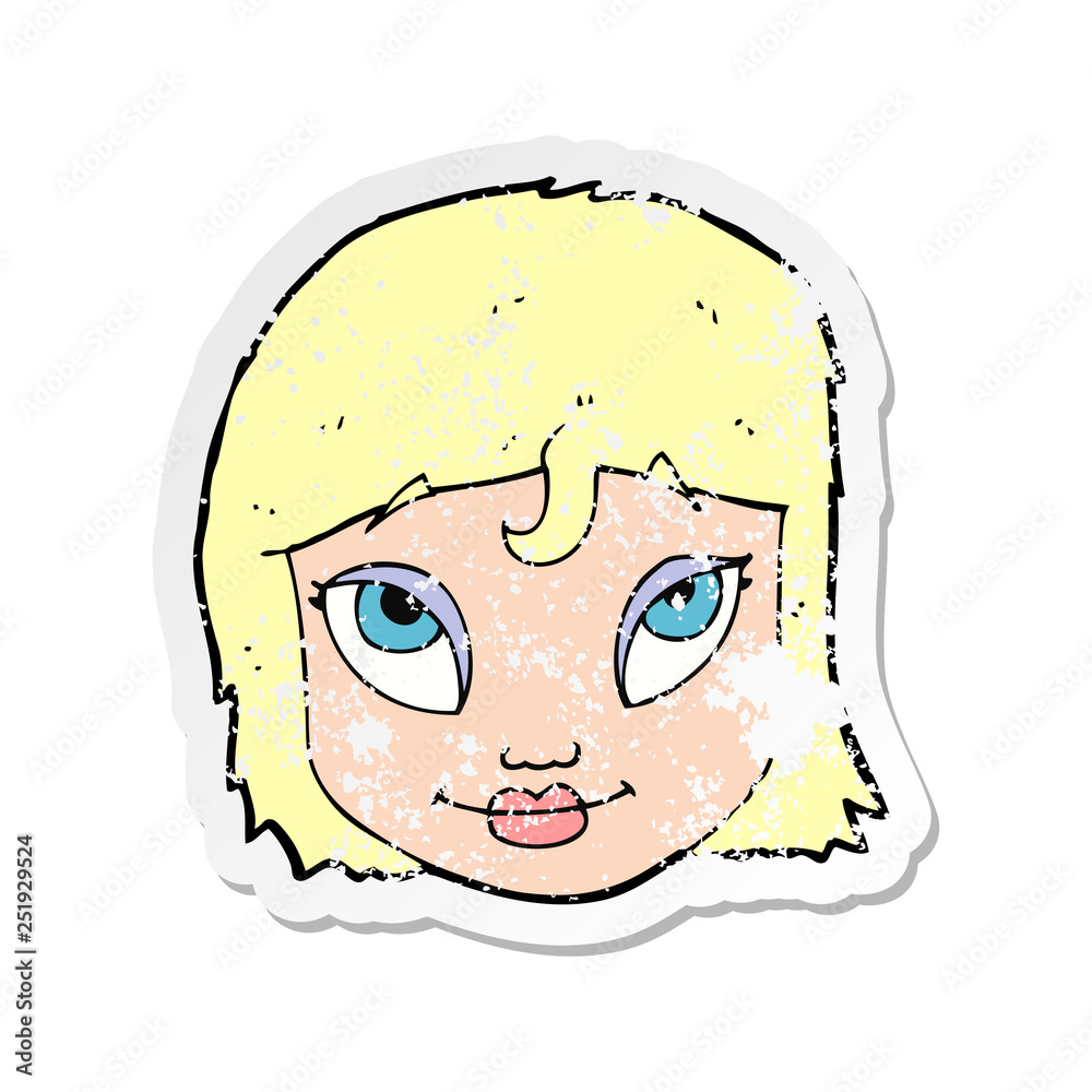 retro distressed sticker of a cartoon woman smiling retro distressed sticker of a cartoon woman smiling