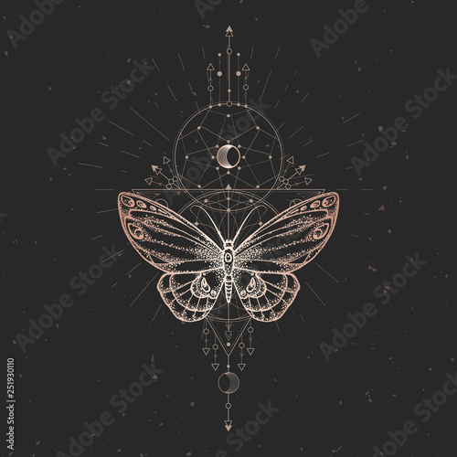 Vector illustration with hand drawn butterfly and Sacred geometric symbol on black vintage background. Abstract mystic sign.