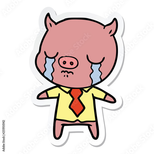 sticker of a cartoon pig crying wearing shirt and tie