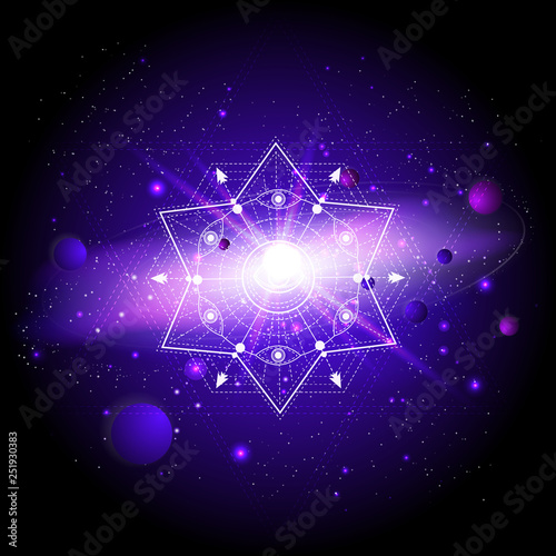Vector illustration of Sacred or mystic symbol against the space background with planets and stars.