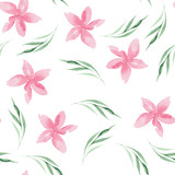Watercolor pattern of beautiful green leaves and pink flowers. Perfect for cards, invitations,  and other projects.