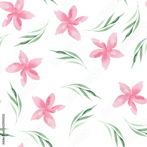 Watercolor pattern of beautiful green leaves and pink flowers. Perfect for cards, invitations, and other projects.