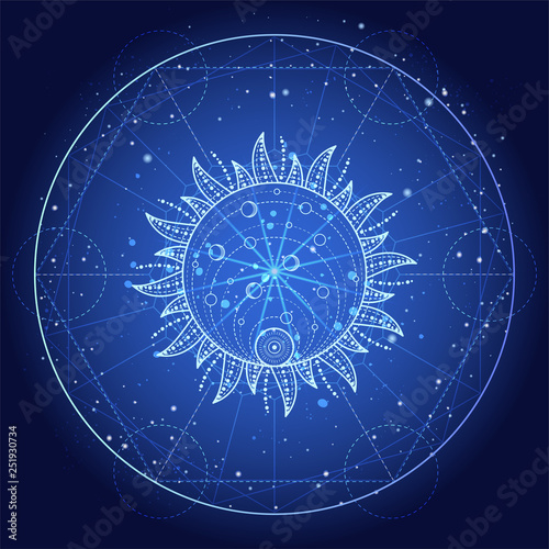Vector illustration of Sacred or mystic symbol on abstract background. Geometric sign drawn in lines. Blue color.