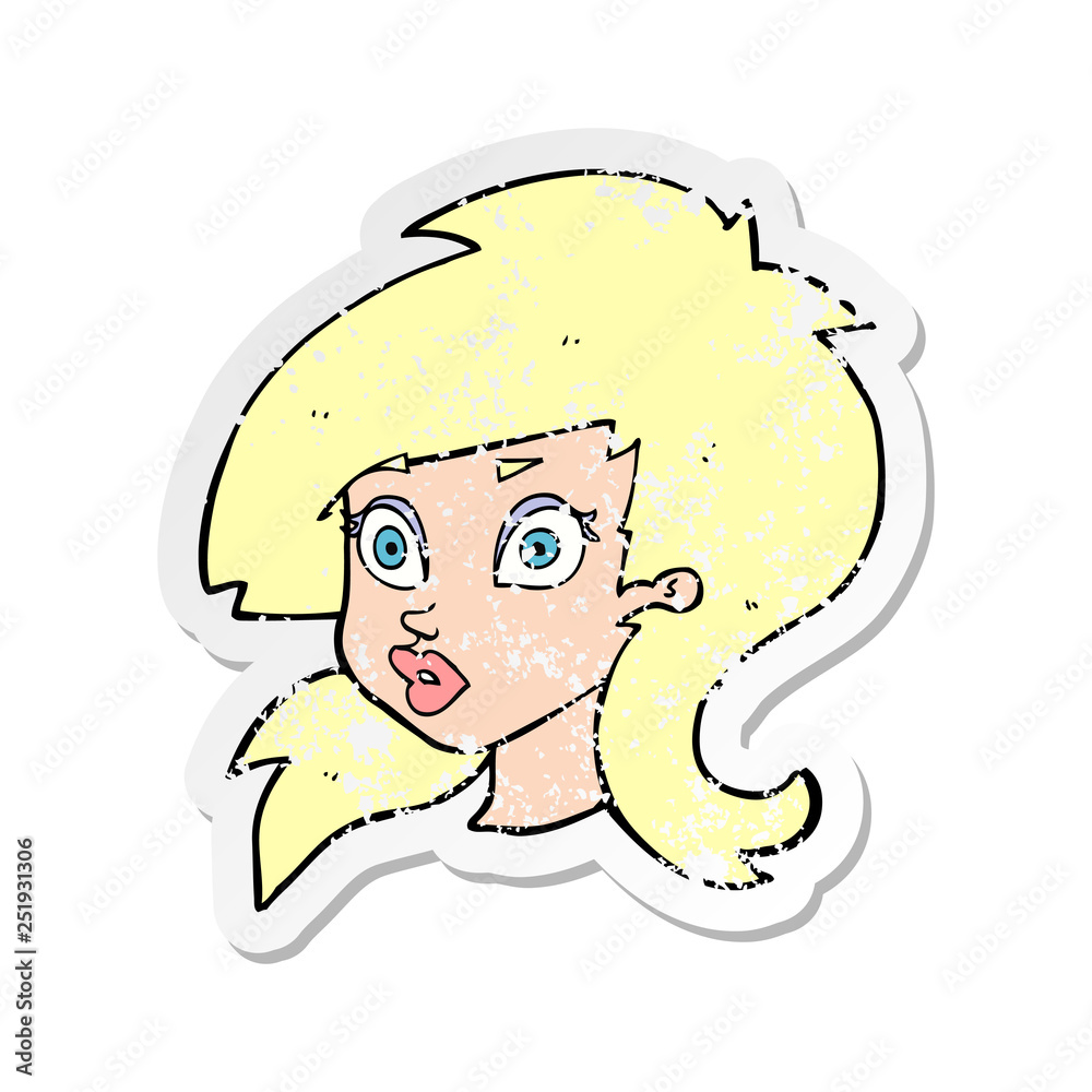 retro distressed sticker of a cartoon pretty surprised woman retro distressed sticker of a cartoon pretty surprised woman