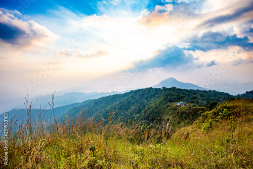 Rrainforest mountain viewpoint of Sanknokwua (San Knok Wua) hill at Khao Laem National Park. The highest peak in Kanchanaburi photo during sunrise.