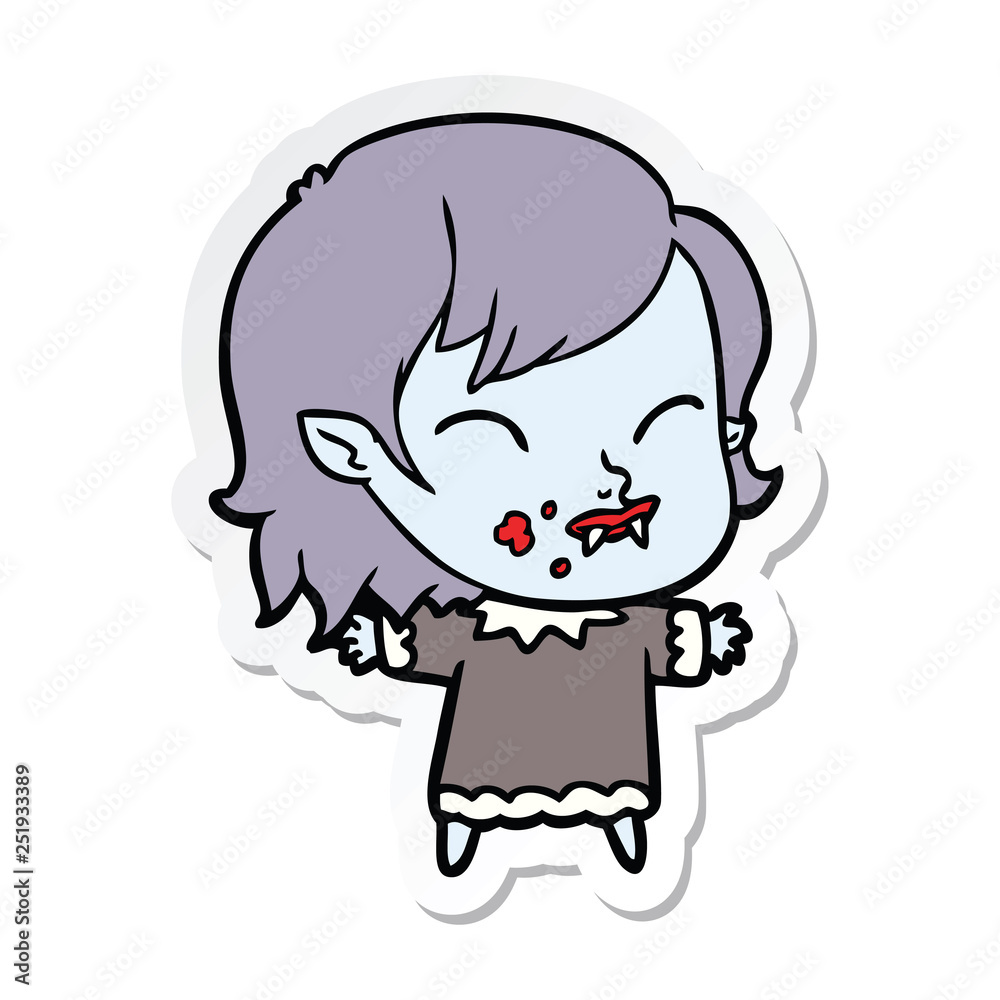 sticker of a cartoon vampire girl with blood on cheek sticker of a cartoon vampire girl with blood on cheek