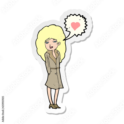 sticker of a cartoon trenchcoat wearing woman in love