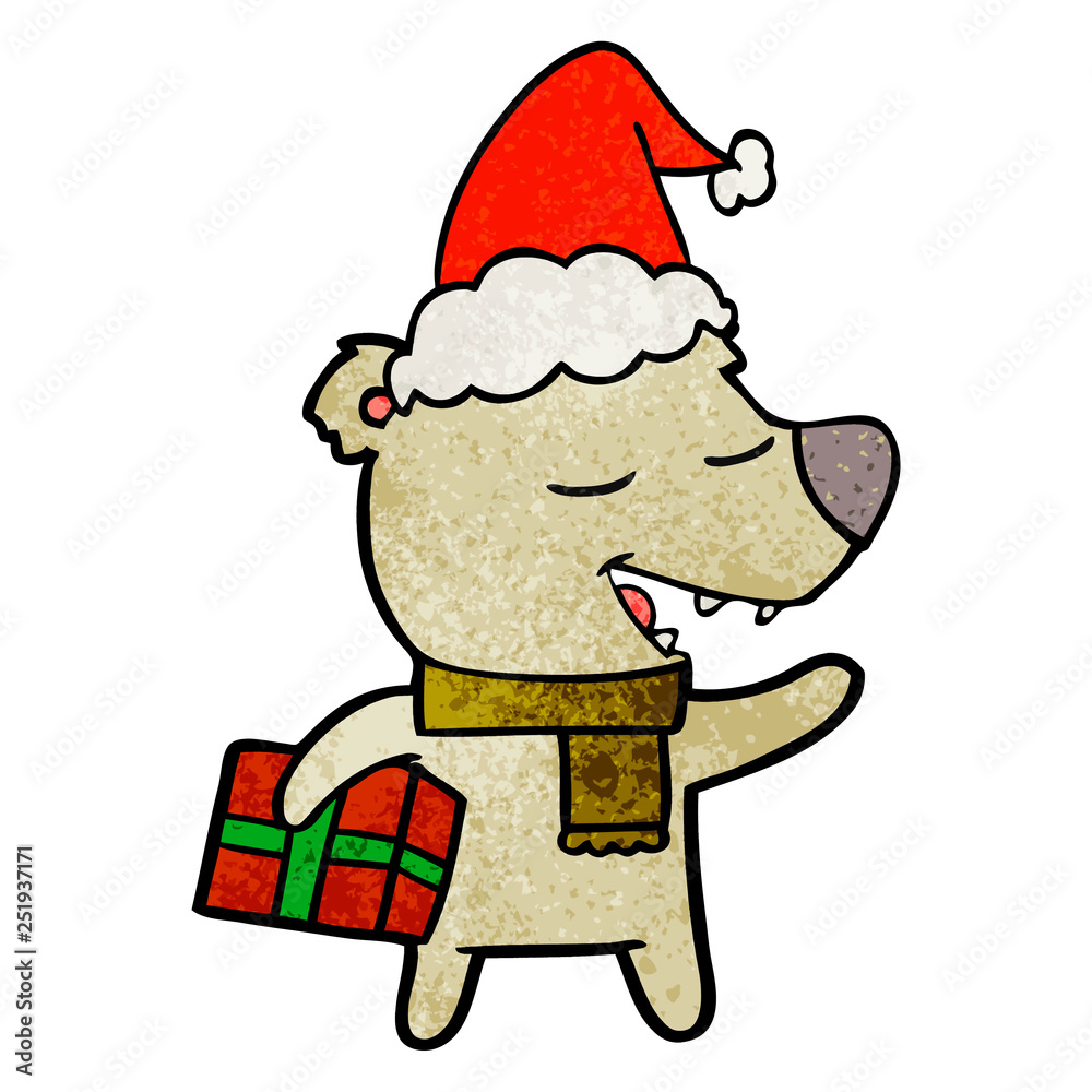 Fototapeta premium textured cartoon of a bear with present wearing santa hat