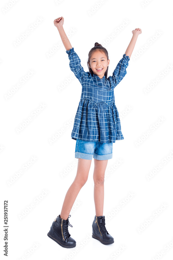 Full length of teenager asian girl smiling over white background