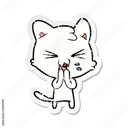 distressed sticker of a cartoon hissing cat