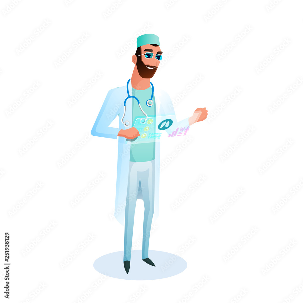 Doctor with Glasses Holds Virtual Medical Card Doctor with Glasses Holds Virtual Medical Card