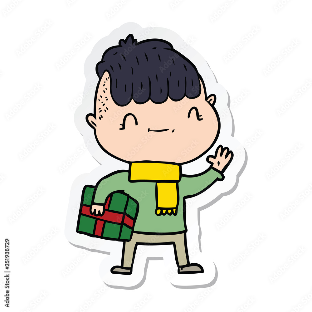 sticker of a cartoon friendly boy with christmas present sticker of a cartoon friendly boy with christmas present