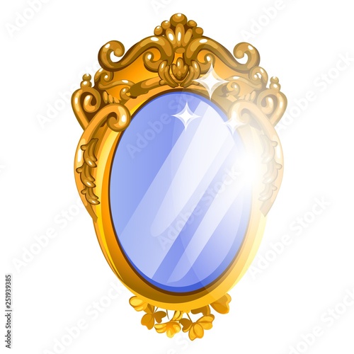 Vintage mirror with golden ornate florid frame isolated on white background. Vector cartoon close-up illustration.