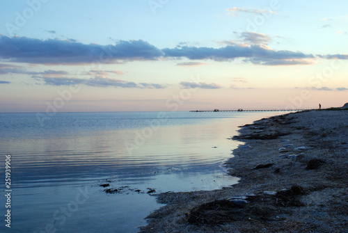 silhouette of an uneven coastline in a pink and blue sunset