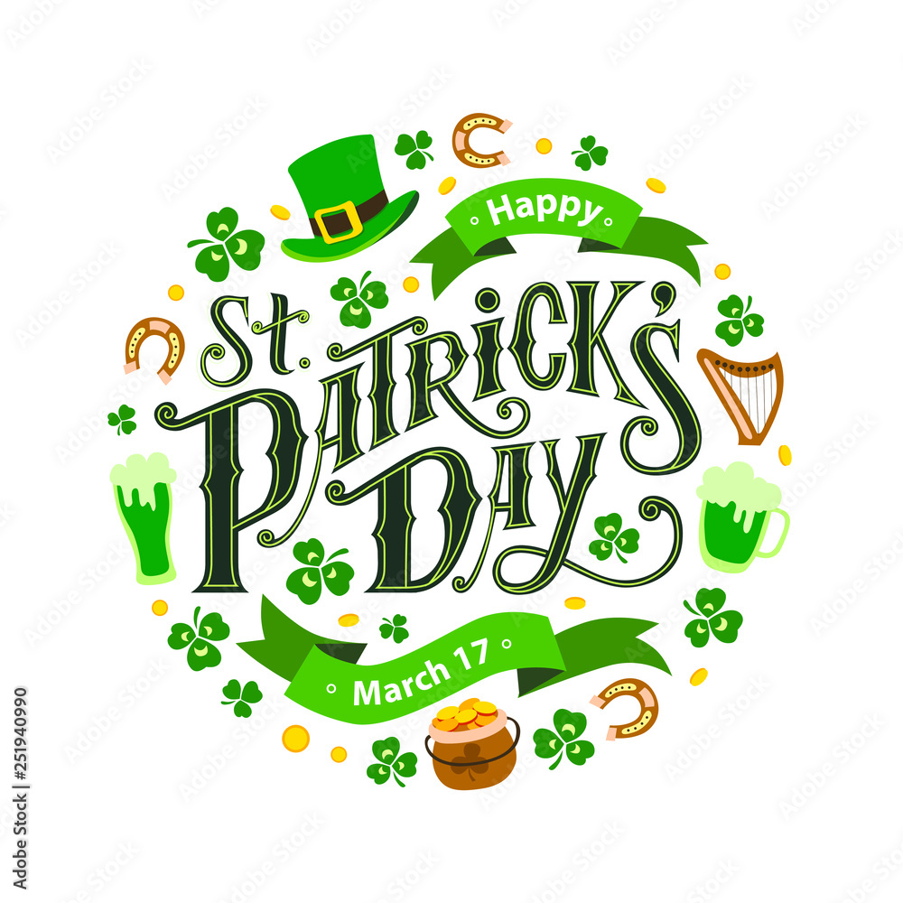 Naklejka premium Happy St. Patrick's Day handwritten lettering quote for postcards, banners, invitation, posters, t-shirts. Vector illustration EPS 10.