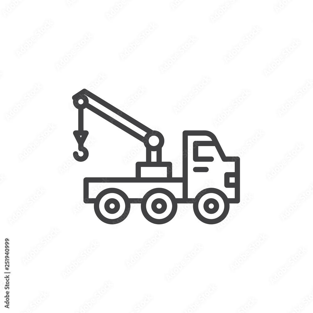 Tow truck line icon. linear style sign for mobile concept and web design. Crane truck outline vector icon. Construction machine symbol, logo illustration. Pixel perfect vector graphics Tow truck line icon. linear style sign for mobile concept and web design. Crane truck outline vector icon. Construction machine symbol, logo illustration. Pixel perfect vector graphics