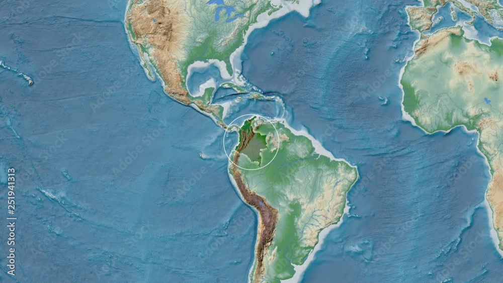 Colombia area presented against the global physical map in the Fahey projection with animated oblique transformation Colombia area presented against the global physical map in the Fahey projection with animated oblique transformation